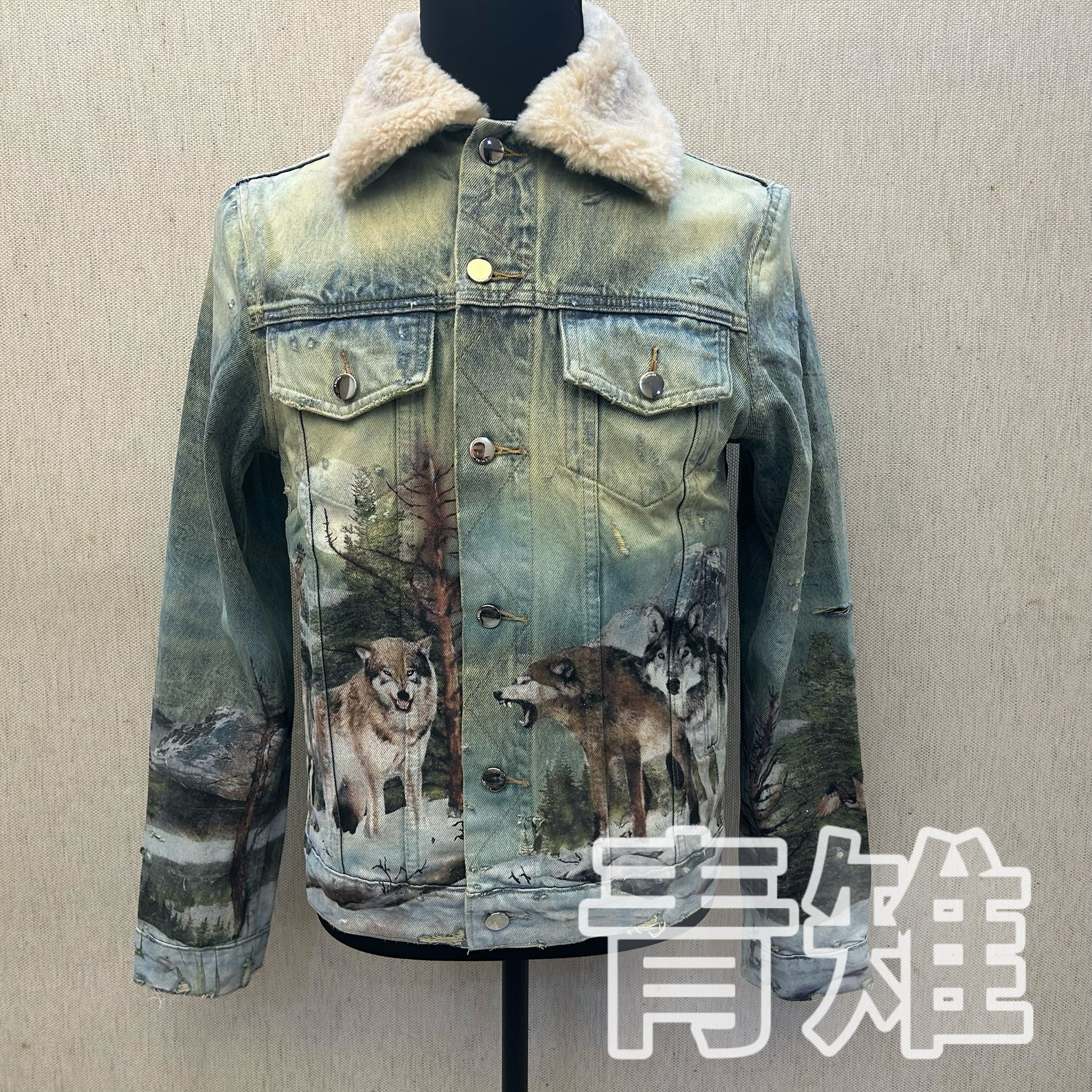 AMIRI 18AW Snow Wolf Graffiti Jacket - Shearling Collar Waxed High-Street