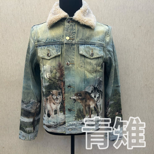 AMIRI 18AW Snow Wolf Graffiti Jacket - Shearling Collar Waxed High-Street
