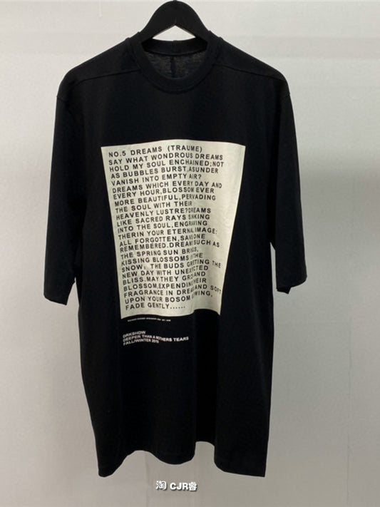 Dark Avant-garde Rick Owen Slogan RO Print Oversized Short Sleeve Tee