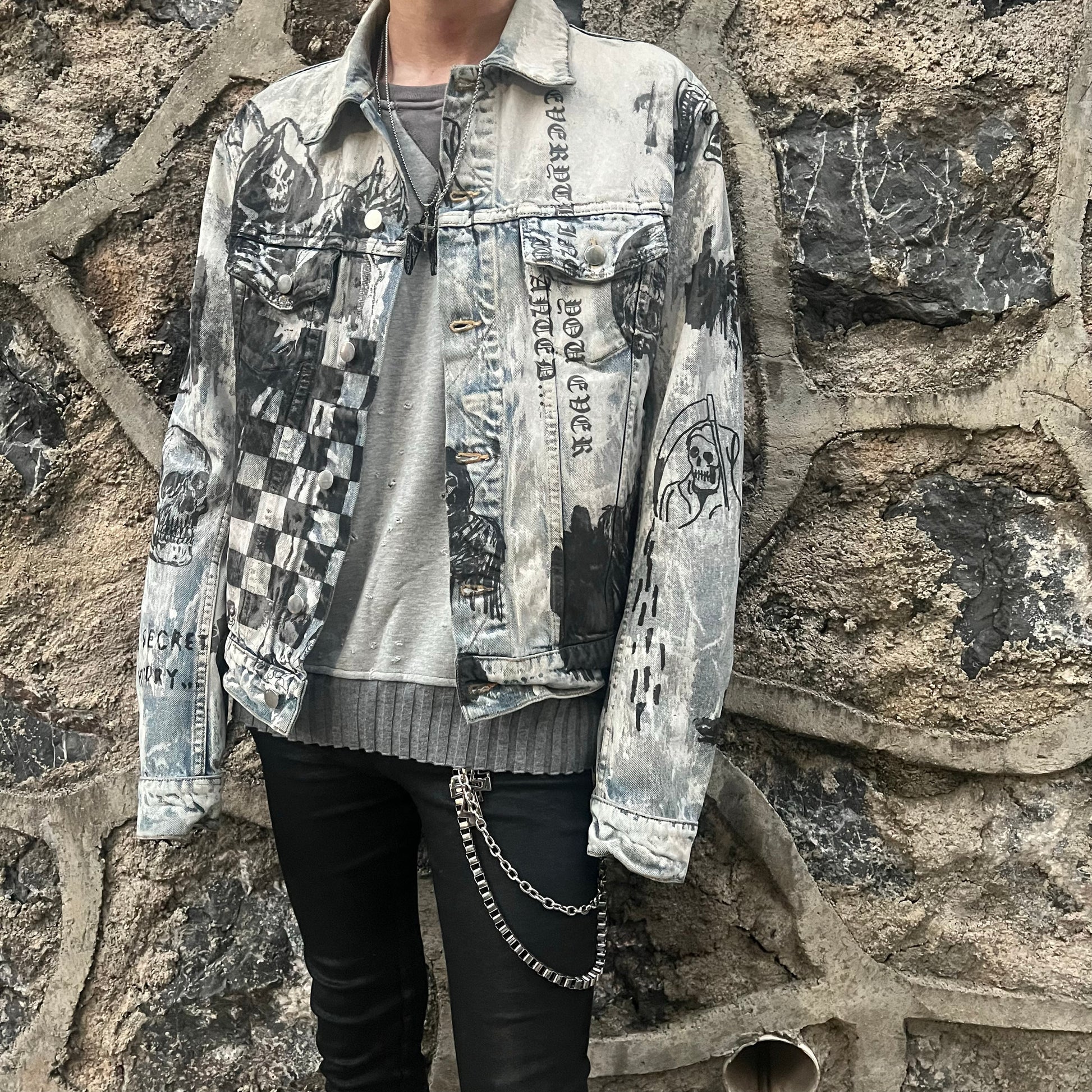 AMIRI 22FW Skull Reaper Graffiti Jackets - Hand Painted Waxed Denim