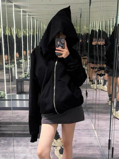 RO Dark Wizard Rick Owen Hoodie - Asymmetric Zip Avant-garde Black Winter Fleece