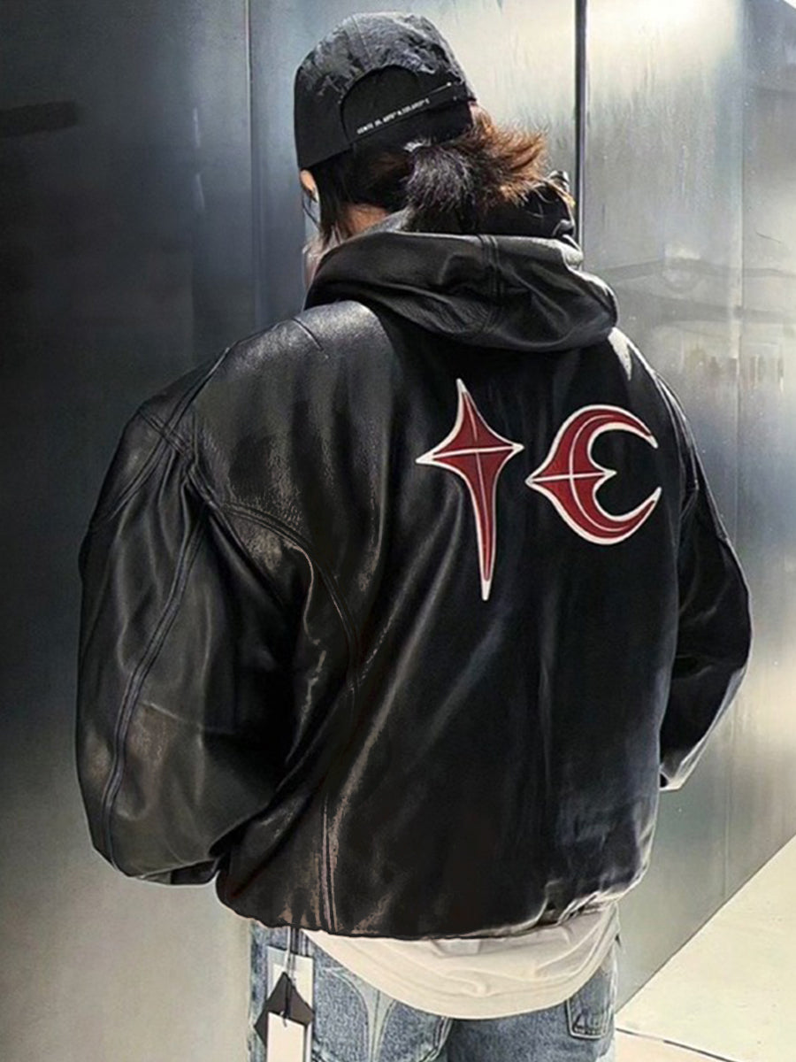 Thug Club Washed Black Hooded Leather Jacket - Cropped Biker Coat - 