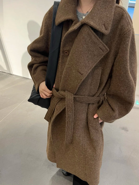 Lemaire Alpaca Wool Blend Trench Coat - Brown Stand Collar Robe