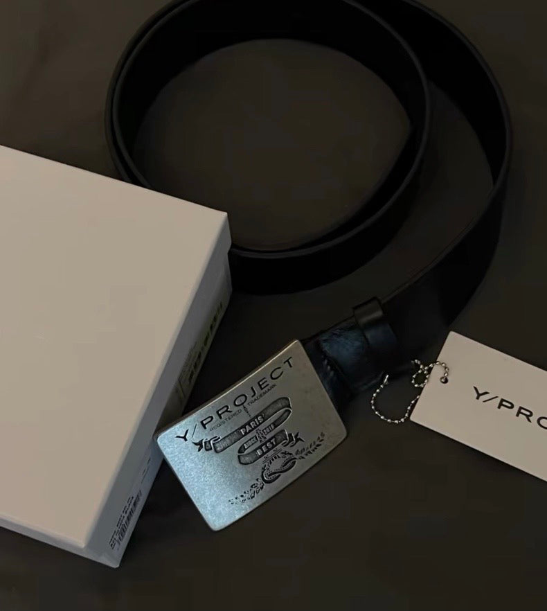 Y/Project 23SS Runaway Distressed Silver Plaque Genuine Leather Belt