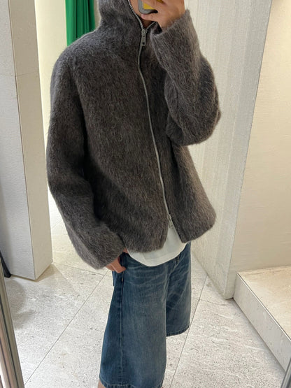 Our Legacy Grey Mohair Zip Cardigan – Wool Blend Relaxed Hooded Knit