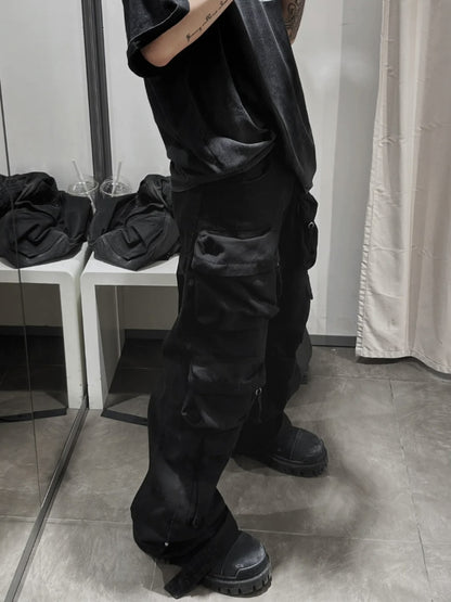 24SS Techwear Washed Denim Wide-Leg Heavyweight Cargo Pants Pockets Workwear