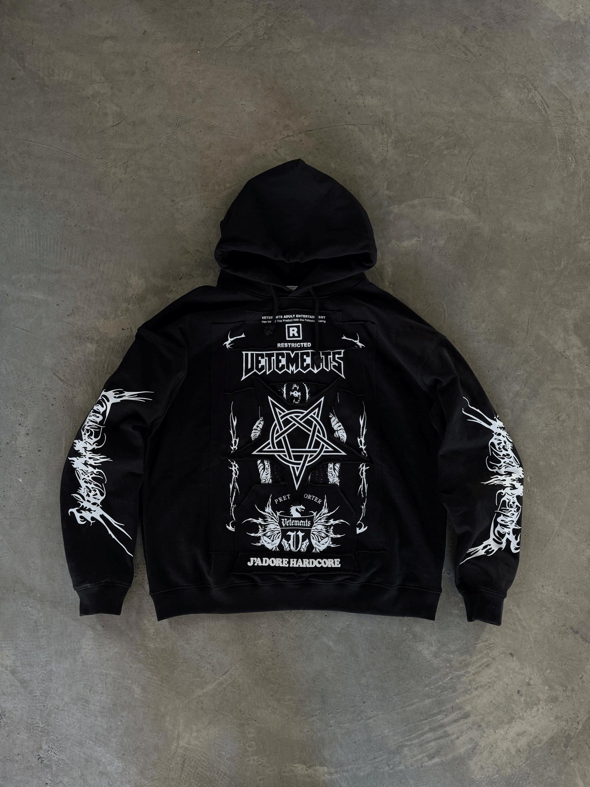 Vetements Oversized Hoodie J’adore Hardcore Patchwork Black Patched Logo