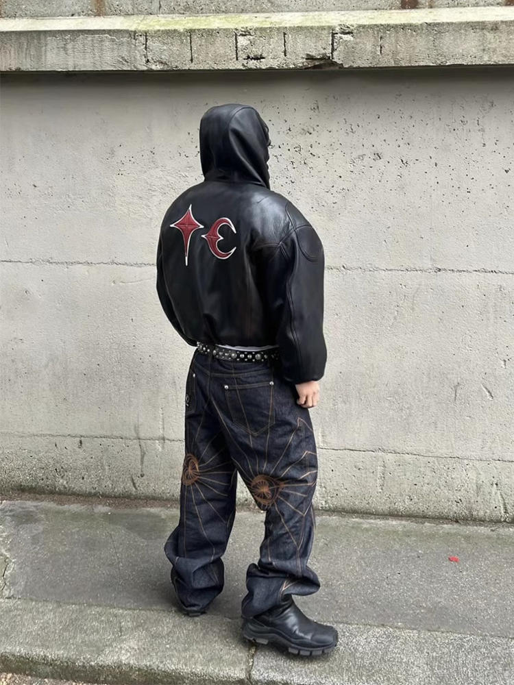 Thug Club Heavyweight Washed Goatskin Hooded Leather Short Padded Jacket