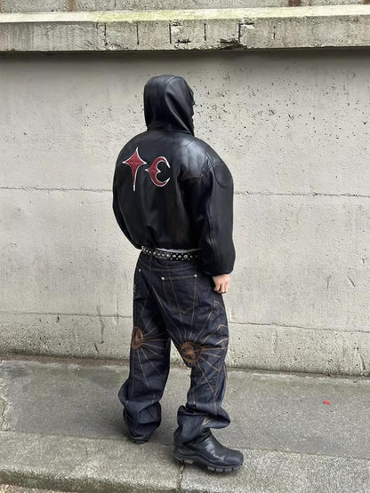 Thug Club Heavyweight Washed Goatskin Hooded Leather Short Padded Jacket