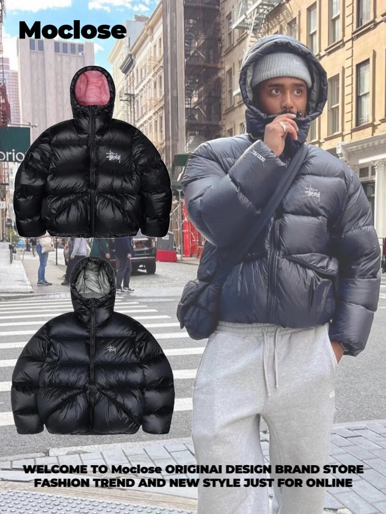 STUSSY 23FW Micro Ripstop Down Parka Black Pink Solid Color Zip Hooded Down Jackets