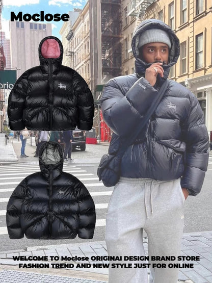 STUSSY 23FW Micro Ripstop Down Parka Black Pink Solid Color Zip Hooded Down Jackets