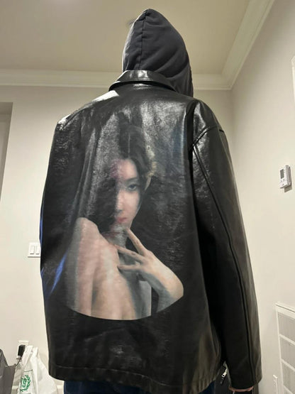 Yohji Yamamoto Uchida Suzume - Wheel of Fortune Portrait Print Genuine Leather Jacket