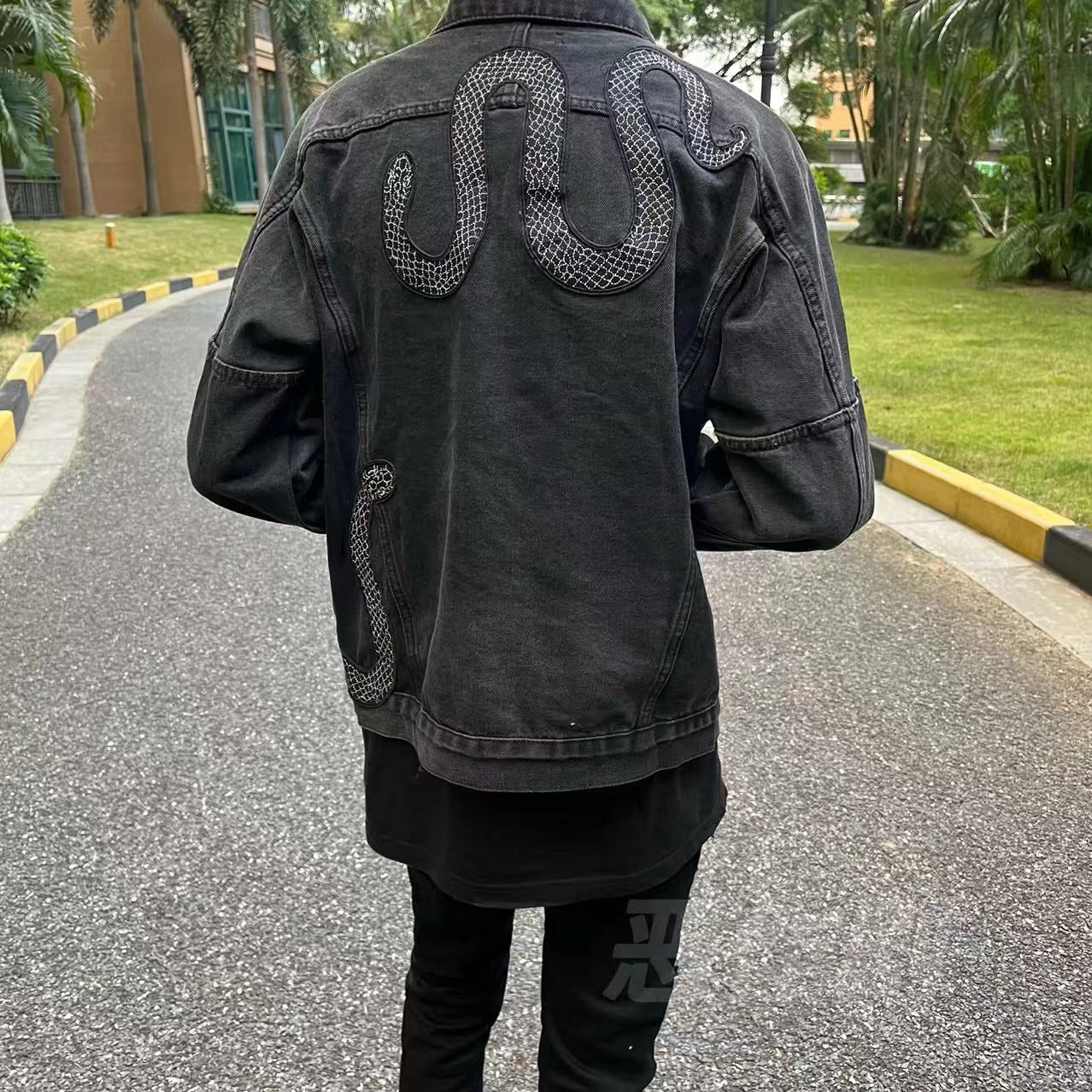 AMIRI Black Snake Embroidered Denim Jacket - Washed High-Street