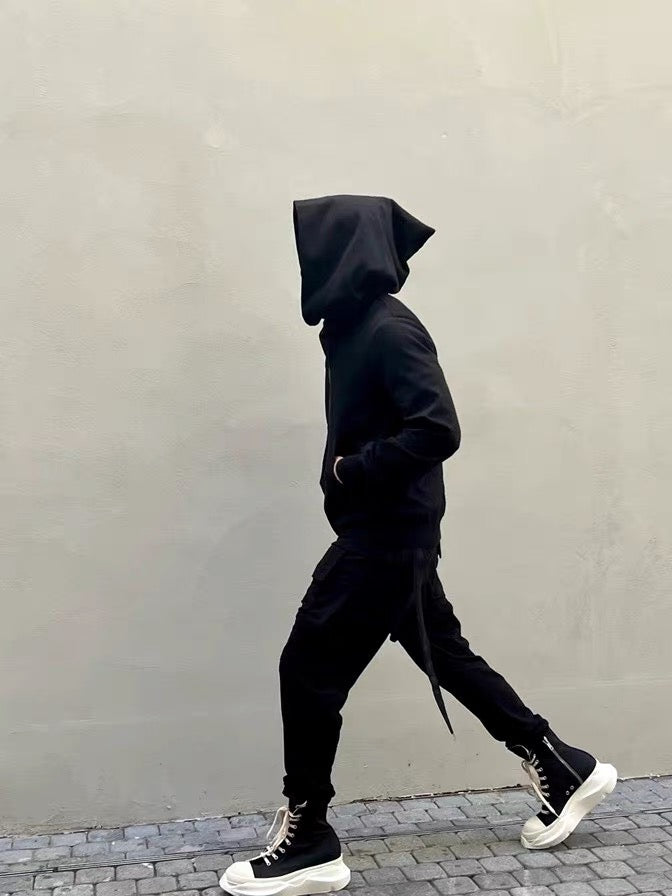 RO Dark Wizard Rick Owen Hoodie - Asymmetric Zip Avant-garde Black Winter Fleece