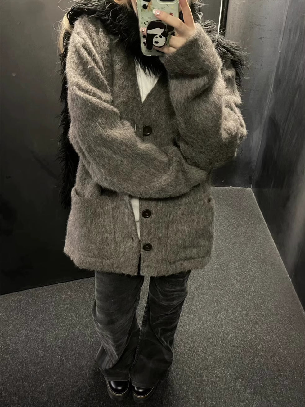 Our Legacy Gray-Brown Mohair Cardigan Wool Blend Knitted Long Sleeve V-Neck Sweater