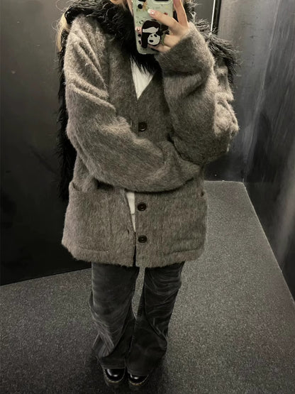 Our Legacy Gray-Brown Mohair Cardigan Wool Blend Knitted Long Sleeve V-Neck Sweater