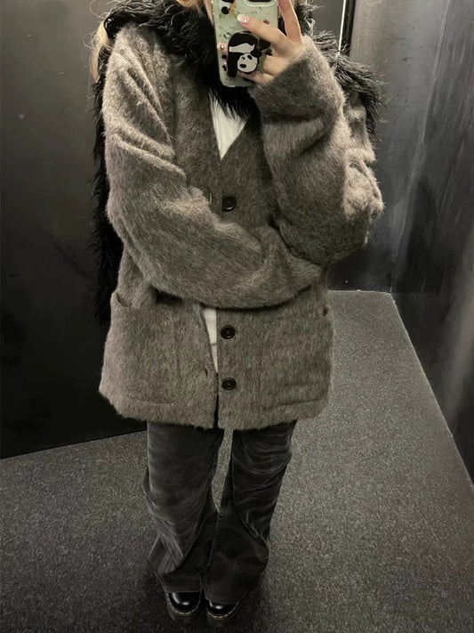 Our Legacy Gray-Brown Mohair Cardigan Wool Blend Knitted Long Sleeve V-Neck Sweater