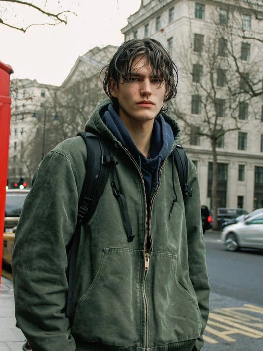 J130 Heavyweight Vintage Washed Hooded Jacket Unisex Retro Outerwear