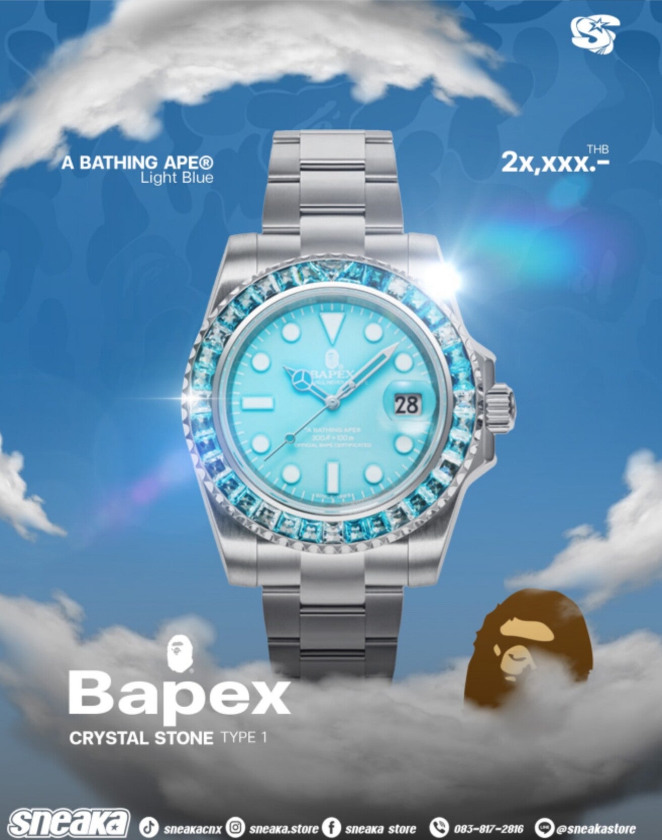 TYPE-1 BAPEX Crystal Stone Mechanical Watch - Tiffany Blue Edition