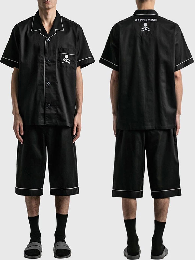 MASTERMIND Ice-Satin Embroidered Skull Pajama Set Couples - MMJ Loungewear - set of short-sleeved shirts white edges