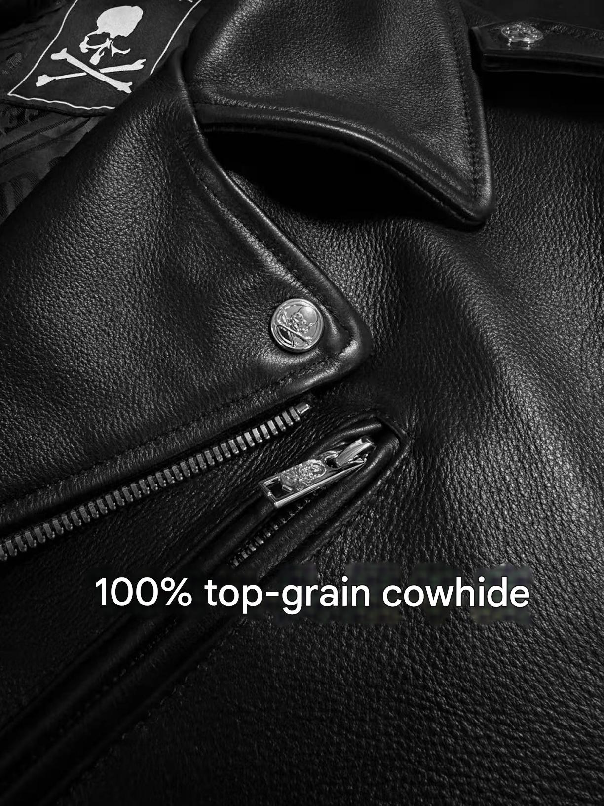 MASTERMIND Skull Embroidery Cowhide Biker Jacket - Luxury Darkwear