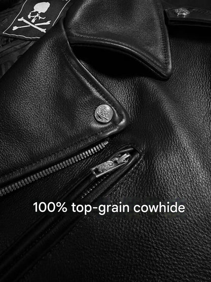 MASTERMIND Skull Embroidery Cowhide Biker Jacket - Luxury Darkwear