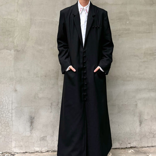 Donclick Yohji AW18 Monastic Collection Tuxedo-Wrap Fabric Buttons Wool Overcoat