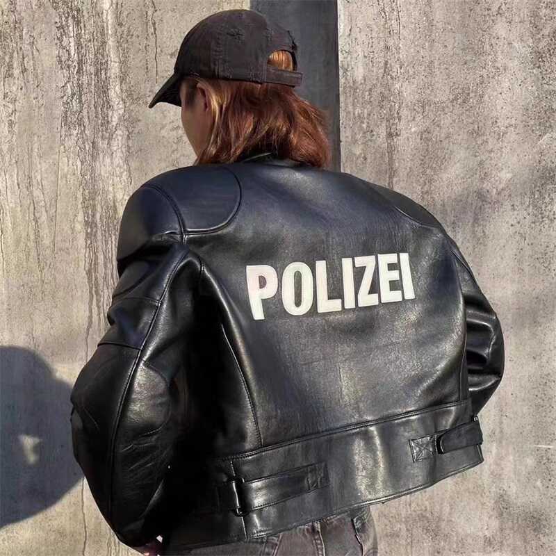 Vetements Motorcycle Leather Jacket Polizei Wild Man Biker Letter Print