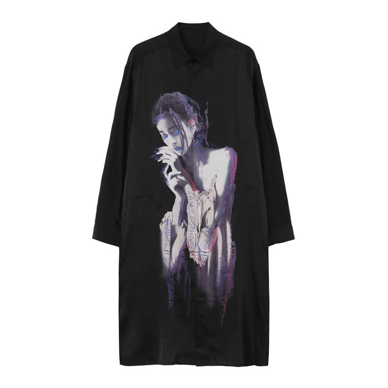 Yohji Portrait Print Shirt - Oversized Longline Designer Unisex Blouse