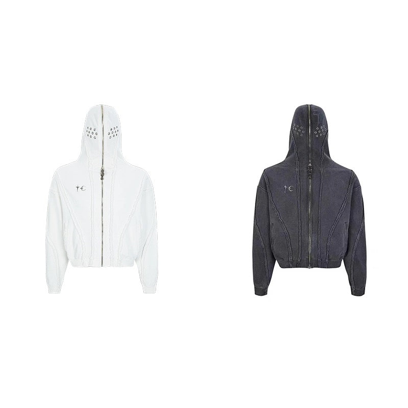 THUG CLUB Washed Wax-Dye Shark Mask Zip-Up Hoodie Outerwear Jackets