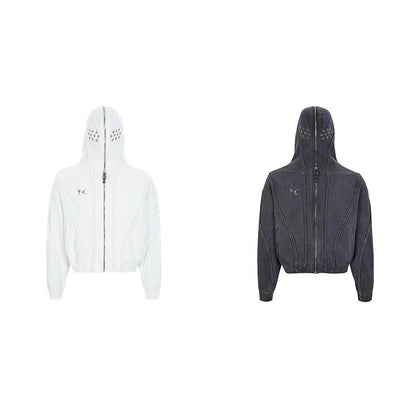 THUG CLUB Washed Wax-Dye Shark Mask Zip-Up Hoodie Outerwear Jackets