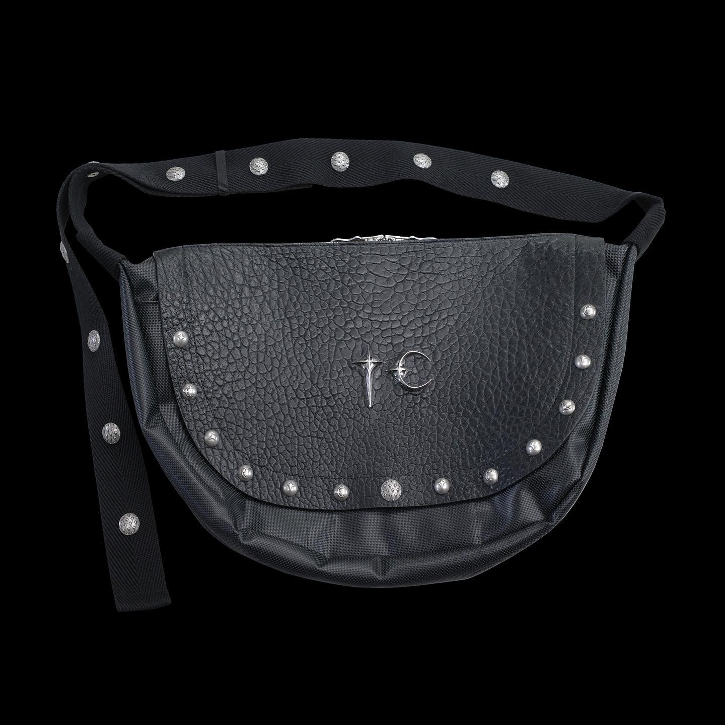 Thug Club 23SS Genuine Leather Shoulder Bag Grain Biker Crossbody Bag - Black