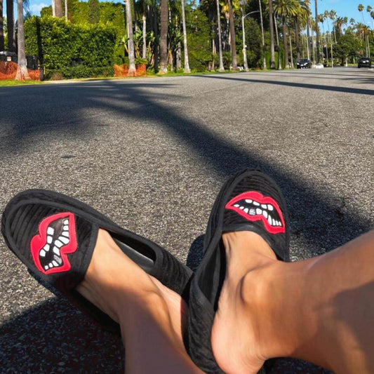 Chrome Red Lips Corduroy Loafers - Matty Boy Inspired Mules - Red Lips