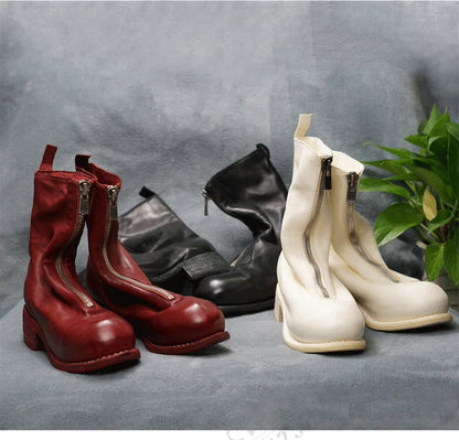 Guidi Horse Leather Distressed Chunky Heel Mid-Calf Ankle Boots PL1/2 Front-Zip