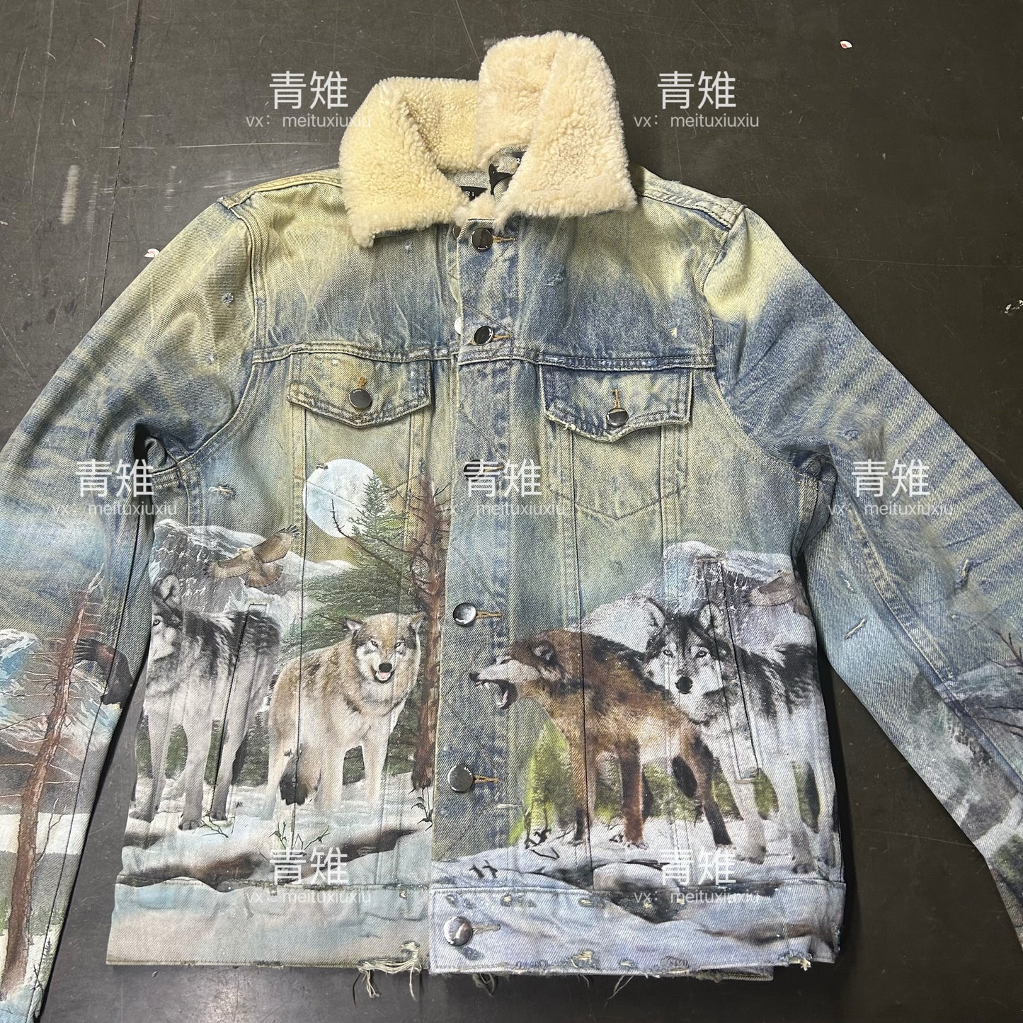 AMIRI 18AW Snow Wolf Graffiti Jacket - Shearling Collar Waxed High-Street - Size avaliable S~L