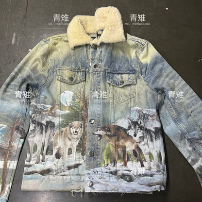 AMIRI 18AW Snow Wolf Graffiti Jacket - Shearling Collar Waxed High-Street - Size avaliable S~L