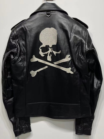MASTERMIND Skull Embroidery Cowhide Biker Jacket - Luxury Darkwear