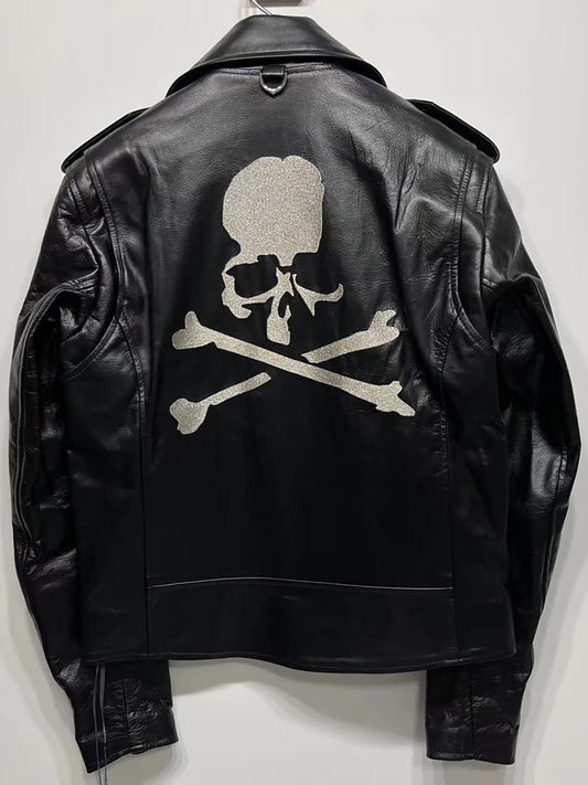 MASTERMIND Skull Embroidery Cowhide Biker Jacket - Luxury Darkwear