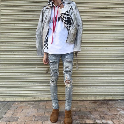 AMIRI 15OG Slim-Waist Destroyed Motorcycle Denim Washed White Jackets