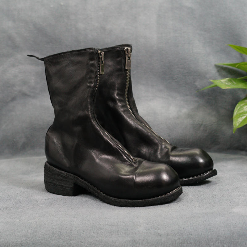Guidi Horse Leather Distressed Chunky Heel Mid-Calf Ankle Boots PL1/2 Front-Zip