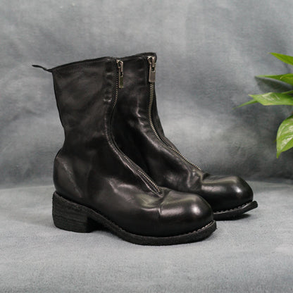 Guidi Horse Leather Distressed Chunky Heel Mid-Calf Ankle Boots PL1/2 Front-Zip