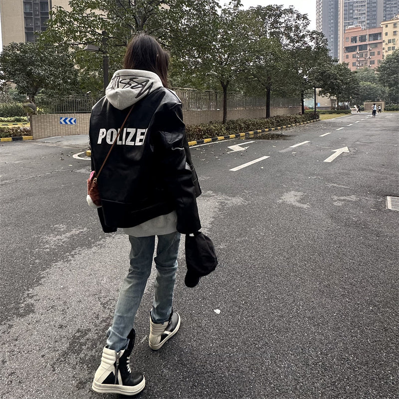 Vetements Motorcycle Leather Jacket Polizei Wild Man Biker Letter Print