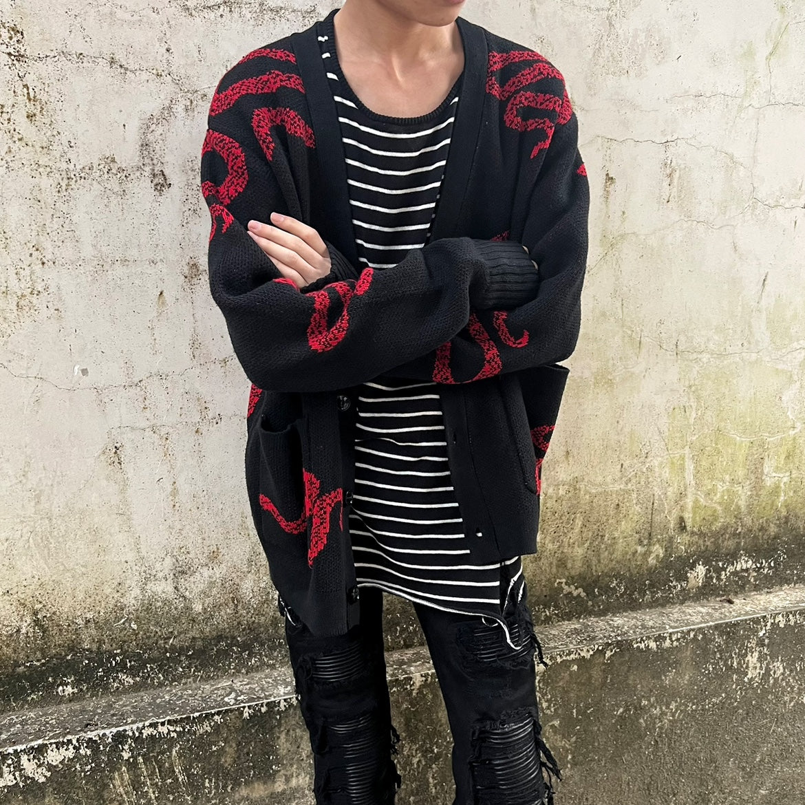 AMIRI 18AW Dark Red Snake - High-Street Wool Cardigan Jackets