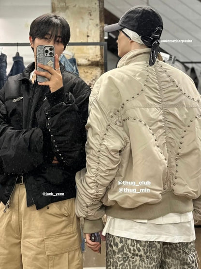 Donclickin Thug Club Star&Moon Studded Bomber – Short-Cut Cotton Flight Jacket