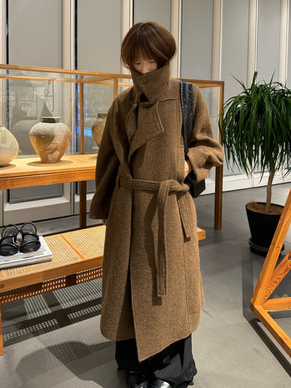 Lemaire Alpaca Wool Blend Trench Coat - Brown Stand Collar Robe