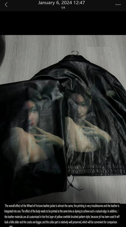 Yohji Yamamoto Uchida Suzume - Wheel of Fortune Portrait Print Genuine Leather Jacket