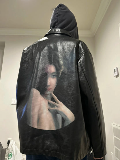 Yohji Yamamoto Uchida Suzume - Wheel of Fortune Portrait Print Genuine Leather Jacket