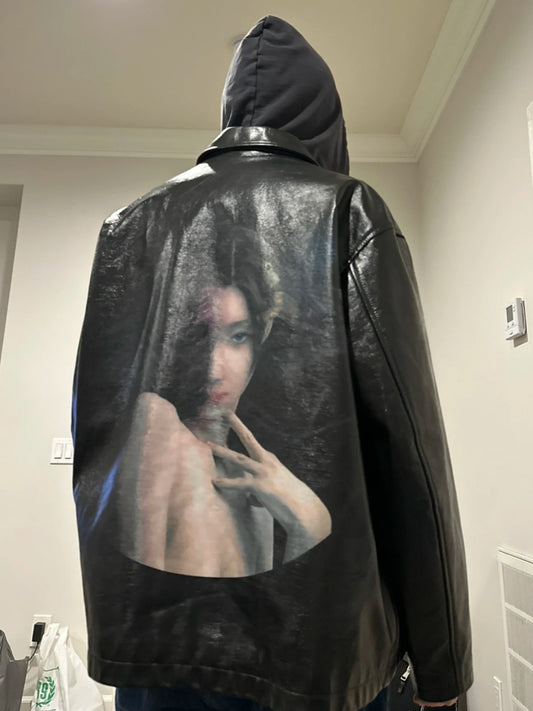 Yohji Yamamoto Uchida Suzume - Wheel of Fortune Portrait Print Genuine Leather Jacket