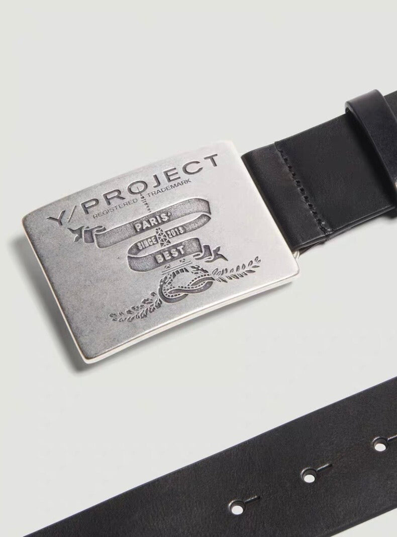 Y/Project 23SS Runaway Distressed Silver Plaque Genuine Leather Belt