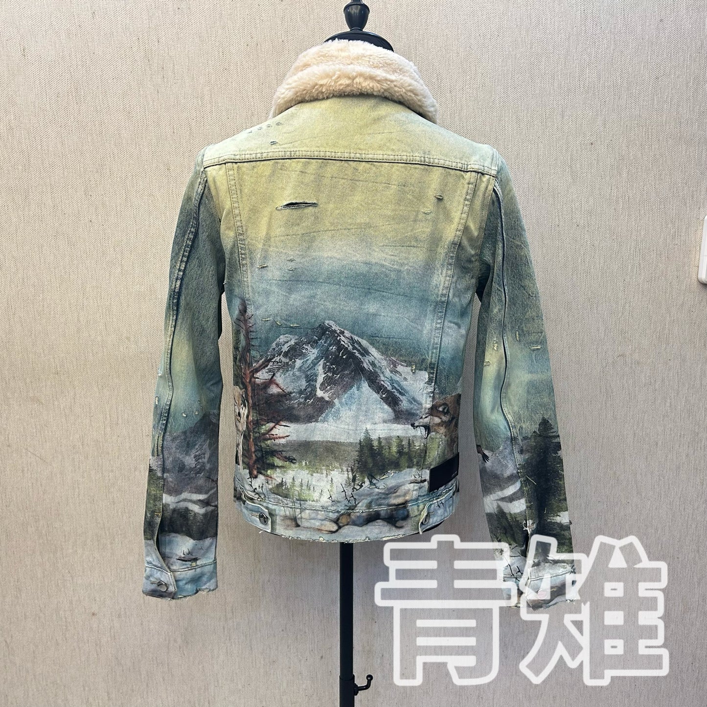 AMIRI 18AW Snow Wolf Graffiti Jacket - Shearling Collar Waxed High-Street